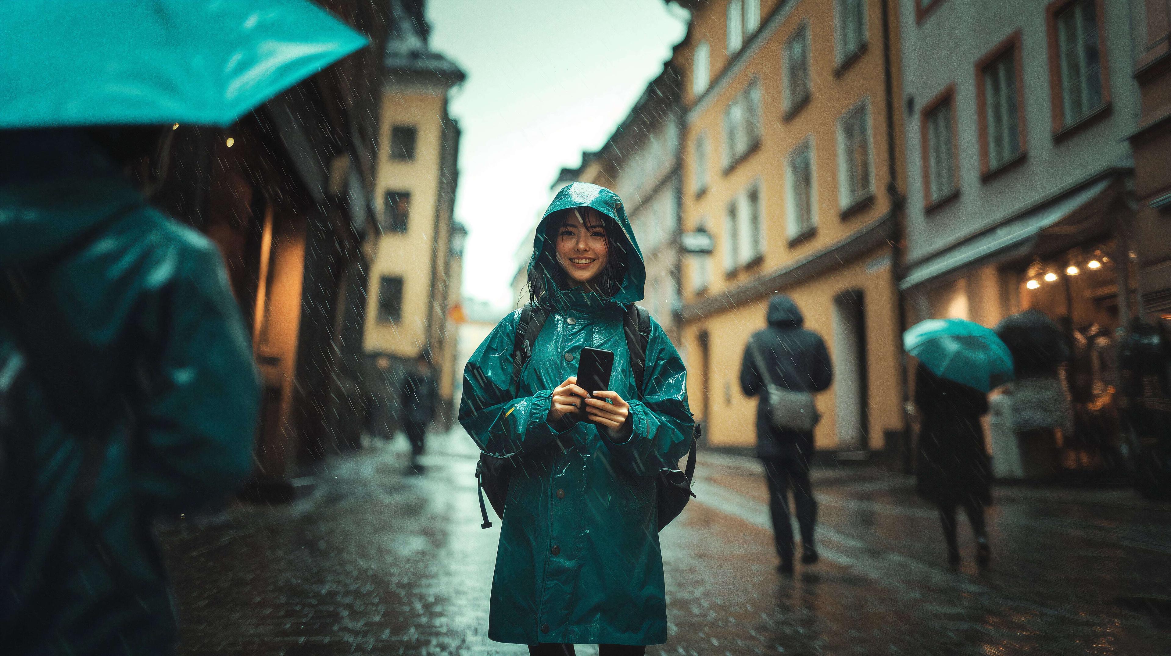 Image of a happy girl in the rain